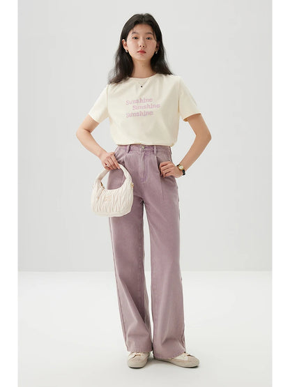 ZIQIAO Versatile Cool Sense Short-sleeved T-shirt for Women 2024 Summer New Style Simple Round Neck Top for Female