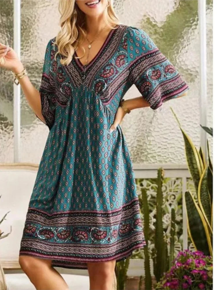 Summer New Fashion Literary Retro Printed Dress Women's V-neck Short-sleeved Mini Dress Elegant Casual Loose Party Dresses