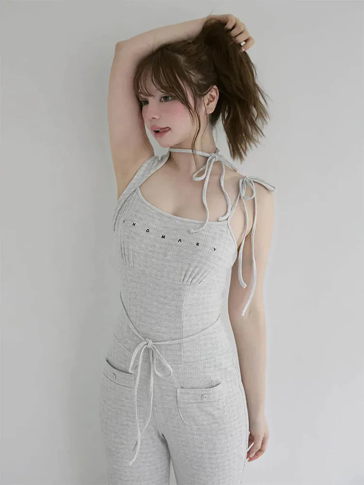 2025 Japanese Style Fashion Off-Shoulder Knit Jumpsuit for Women Summer New Sweet Girls Versatile Jumpsuits Lady Casual Pants