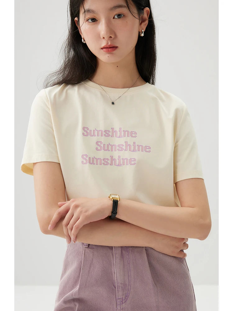ZIQIAO Versatile Cool Sense Short-sleeved T-shirt for Women 2024 Summer New Style Simple Round Neck Top for Female