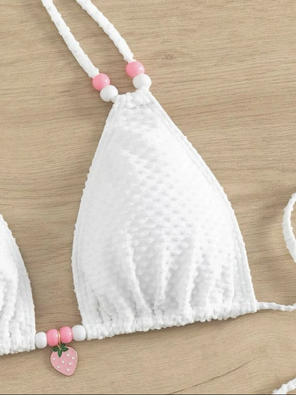 Sexy Pink Micro Thong Bikinis Sets Bead String Halter Swimwear Women Mini Swimsuit Bathing Suit Lace-up Biquinis Triangle Bikini