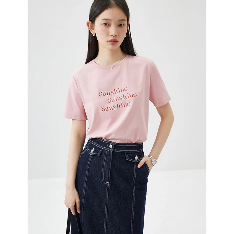 ZIQIAO Versatile Cool Sense Short-sleeved T-shirt for Women 2024 Summer New Style Simple Round Neck Top for Female