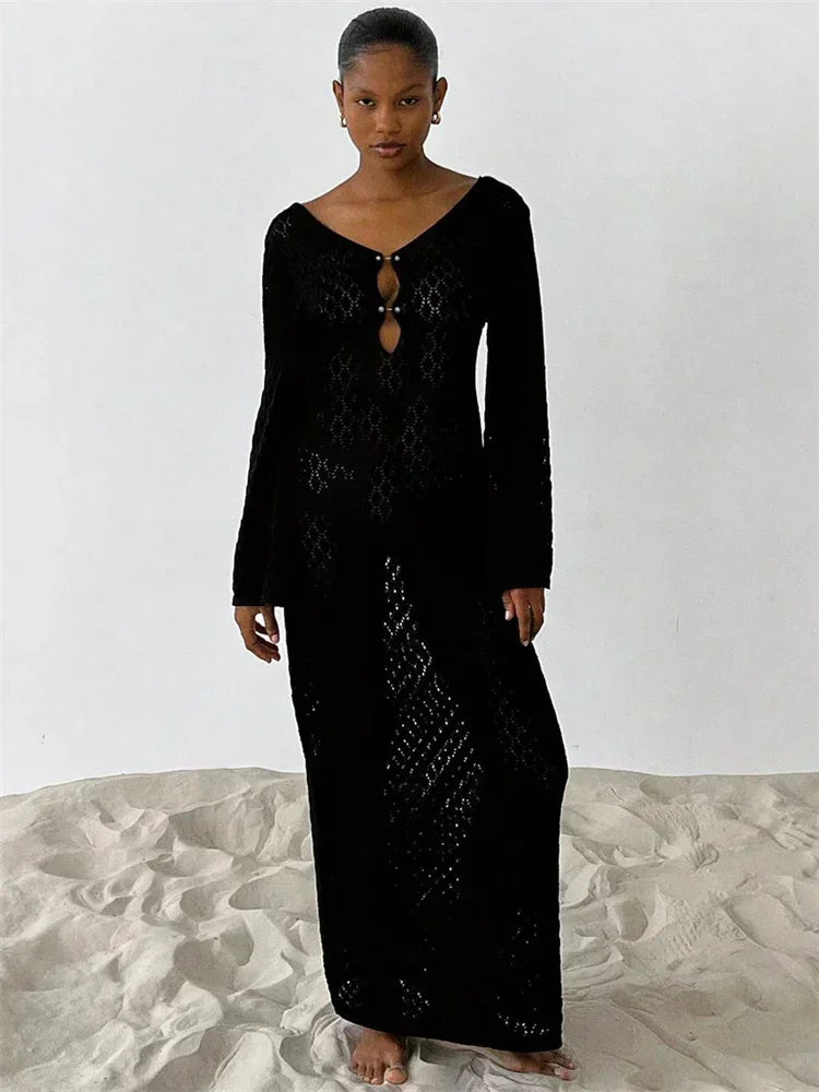 Tornova 2025 New Crochet Beach Maxi Dress Women's Sexy Knitted Hollow Bikini Swimsuit Cover-Up Sun Protection Dress See Through