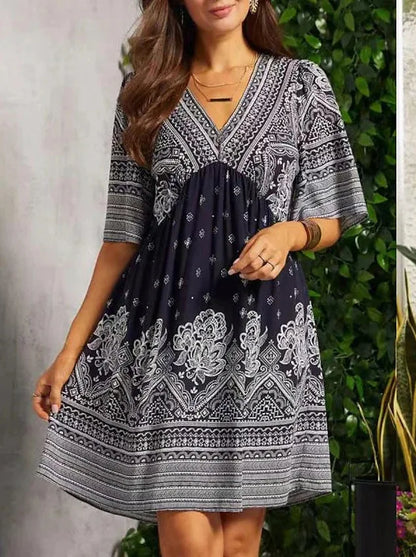 Summer New Fashion Literary Retro Printed Dress Women's V-neck Short-sleeved Mini Dress Elegant Casual Loose Party Dresses