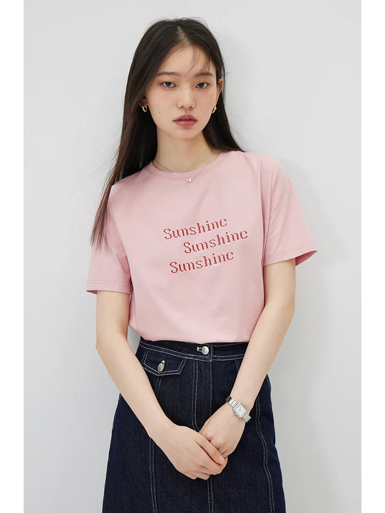 ZIQIAO Versatile Cool Sense Short-sleeved T-shirt for Women 2024 Summer New Style Simple Round Neck Top for Female