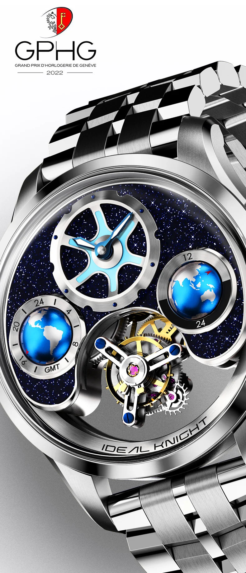IDEAL KNIGHT Top Brand Luxruy Mens Watch Advanced Tourbillon Automatic Mechanical Watch Waterproof Luminous Dual Region Time