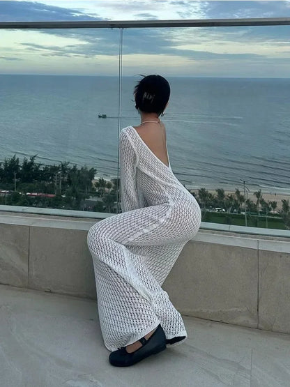 Tornova 2025 New Crochet Beach Maxi Dress Women's Sexy Knitted Hollow Bikini Swimsuit Cover-Up Sun Protection Dress See Through