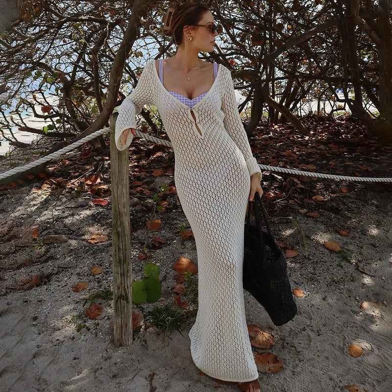 Tornova 2025 New Crochet Beach Maxi Dress Women's Sexy Knitted Hollow Bikini Swimsuit Cover-Up Sun Protection Dress See Through