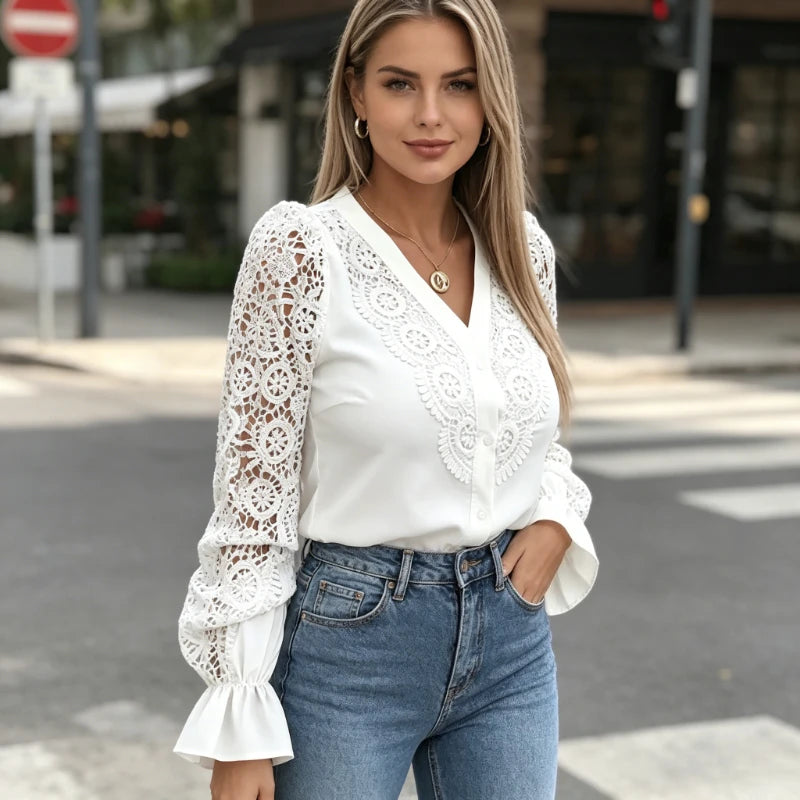 New Spring and Summer Women's V-neck Flared Sleeve Lace Cardigan Embroidered Shirt Elegant Women's Casual Office White Blouse