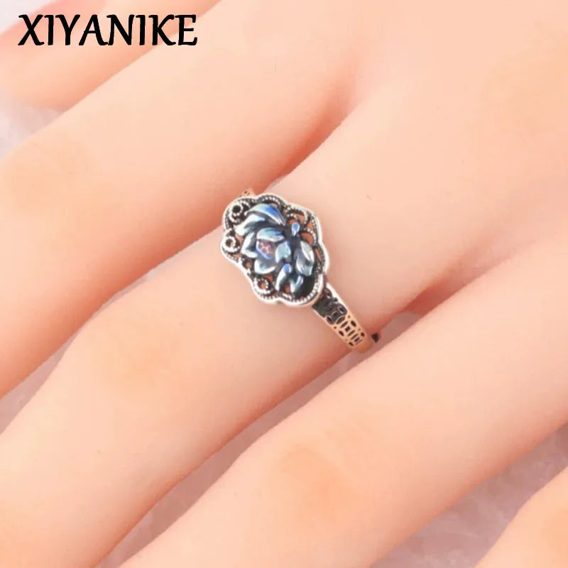 XIYANIKE Vintage Thai Silver Drip Glue Lotus Flower Adjustable Finger Rings For Women Fashion New Jewelry Gift Party anillos
