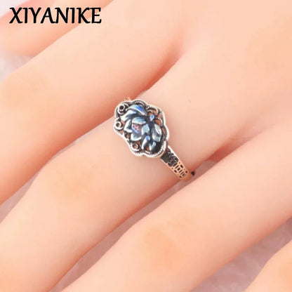 XIYANIKE Vintage Thai Silver Drip Glue Lotus Flower Adjustable Finger Rings For Women Fashion New Jewelry Gift Party anillos