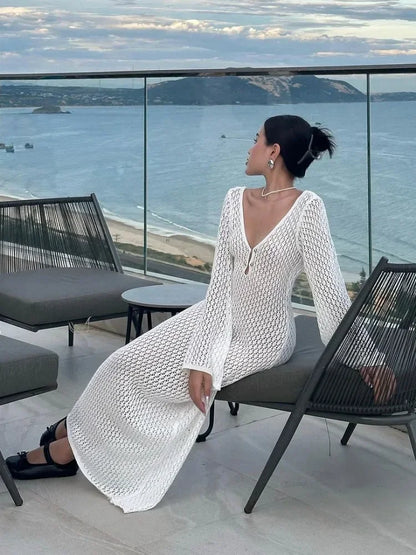 Tornova 2025 New Crochet Beach Maxi Dress Women's Sexy Knitted Hollow Bikini Swimsuit Cover-Up Sun Protection Dress See Through