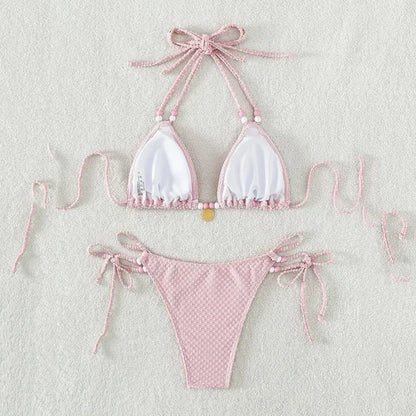 Sexy Pink Micro Thong Bikinis Sets Bead String Halter Swimwear Women Mini Swimsuit Bathing Suit Lace-up Biquinis Triangle Bikini