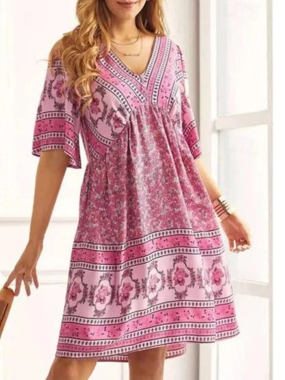 Summer New Fashion Literary Retro Printed Dress Women's V-neck Short-sleeved Mini Dress Elegant Casual Loose Party Dresses