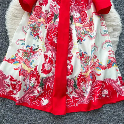 Fashion High-End Feeling Gown Dress Elegant European Court Style Long Printed Slimming New Women's Design Sensation Retro Summer