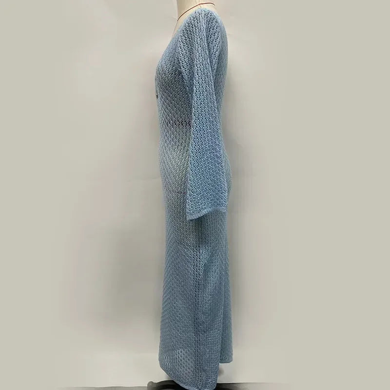 Tornova 2025 New Crochet Beach Maxi Dress Women's Sexy Knitted Hollow Bikini Swimsuit Cover-Up Sun Protection Dress See Through