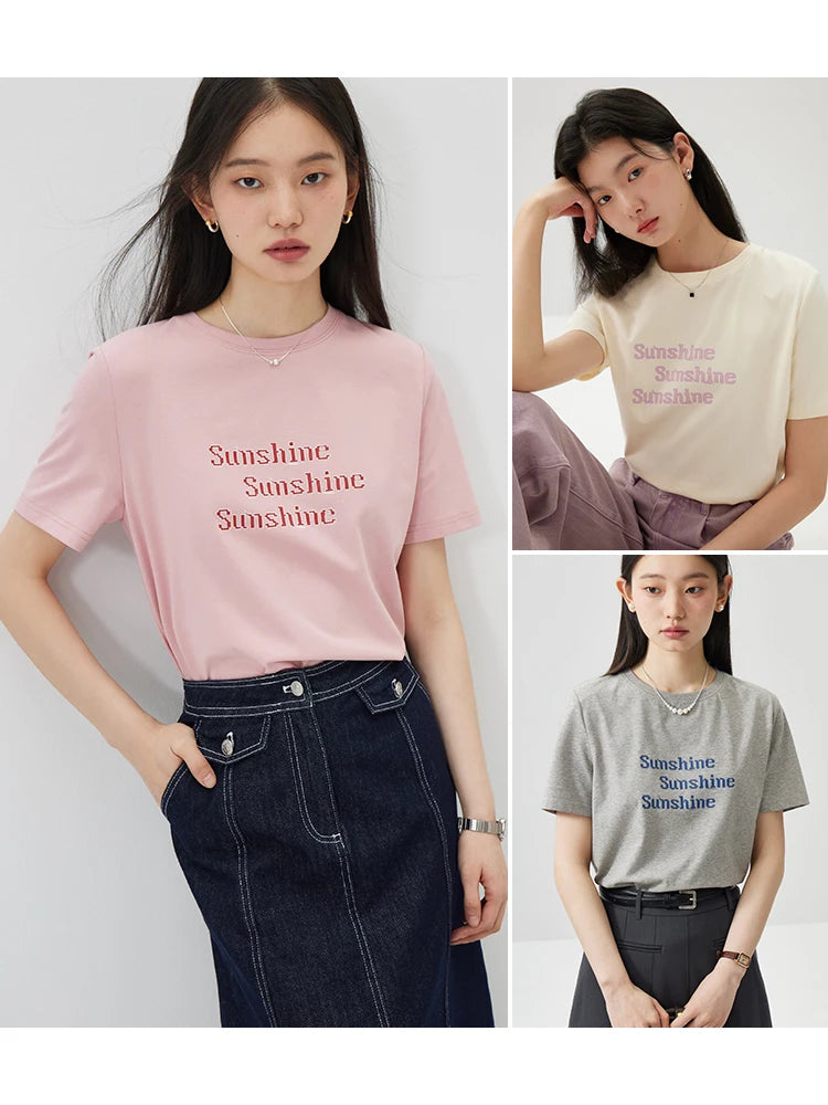 ZIQIAO Versatile Cool Sense Short-sleeved T-shirt for Women 2024 Summer New Style Simple Round Neck Top for Female