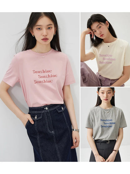 ZIQIAO Versatile Cool Sense Short-sleeved T-shirt for Women 2024 Summer New Style Simple Round Neck Top for Female