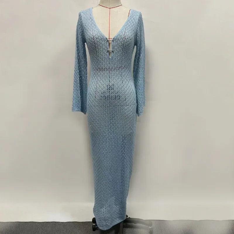 Tornova 2025 New Crochet Beach Maxi Dress Women's Sexy Knitted Hollow Bikini Swimsuit Cover-Up Sun Protection Dress See Through
