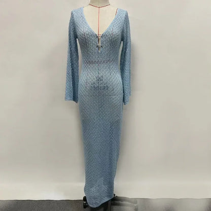 Tornova 2025 New Crochet Beach Maxi Dress Women's Sexy Knitted Hollow Bikini Swimsuit Cover-Up Sun Protection Dress See Through