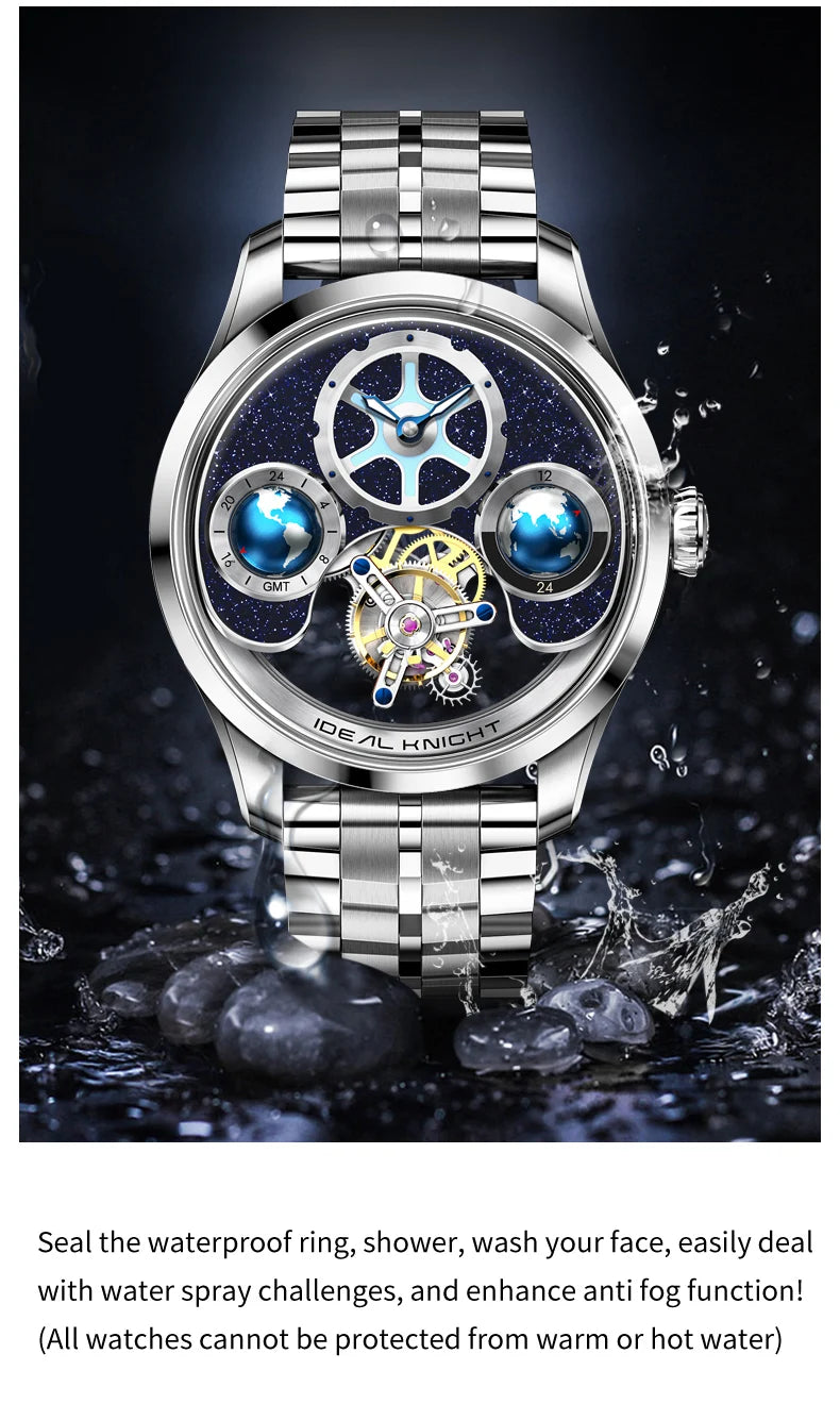 IDEAL KNIGHT Top Brand Luxruy Mens Watch Advanced Tourbillon Automatic Mechanical Watch Waterproof Luminous Dual Region Time