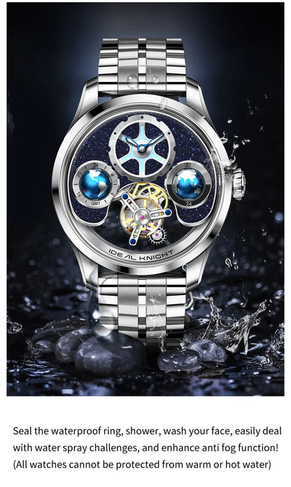 IDEAL KNIGHT Top Brand Luxruy Mens Watch Advanced Tourbillon Automatic Mechanical Watch Waterproof Luminous Dual Region Time