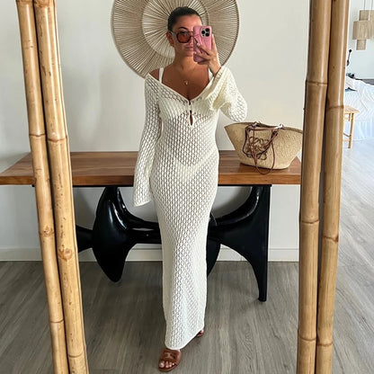 Tornova 2025 New Crochet Beach Maxi Dress Women's Sexy Knitted Hollow Bikini Swimsuit Cover-Up Sun Protection Dress See Through