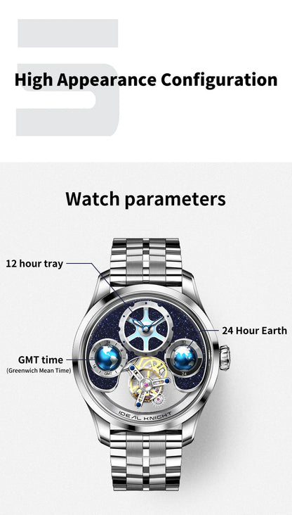 IDEAL KNIGHT Top Brand Luxruy Mens Watch Advanced Tourbillon Automatic Mechanical Watch Waterproof Luminous Dual Region Time