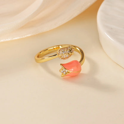 Romantic Colorful Tulip Flower CZ Stainless Steel Women's Ring 18K Gold-plated Anti Fading Rings Wedding Jewelry New Accessories