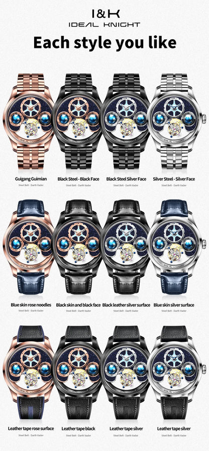IDEAL KNIGHT Top Brand Luxruy Mens Watch Advanced Tourbillon Automatic Mechanical Watch Waterproof Luminous Dual Region Time